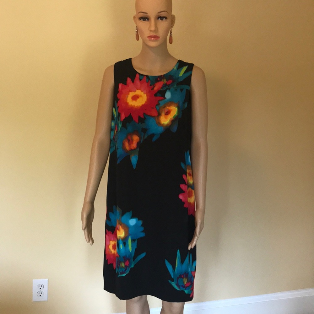 Calvin Klein Black Floral Shift Dress with Red, Yellow & Teal Accents